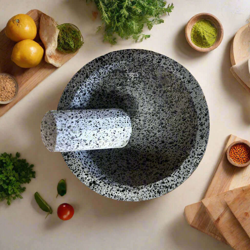 Volcanic Stone Molcajete | Handmade Mexican Mortar & Pestle hand-carved lava rock molcajete with tejolote on kitchen counter