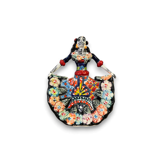 Handmade Talavera Catrina Figurine | Day of the Dead Ceramic Art — hand-painted vibrant Talavera Catrina with floral skirt, Guanajuato artisan piece