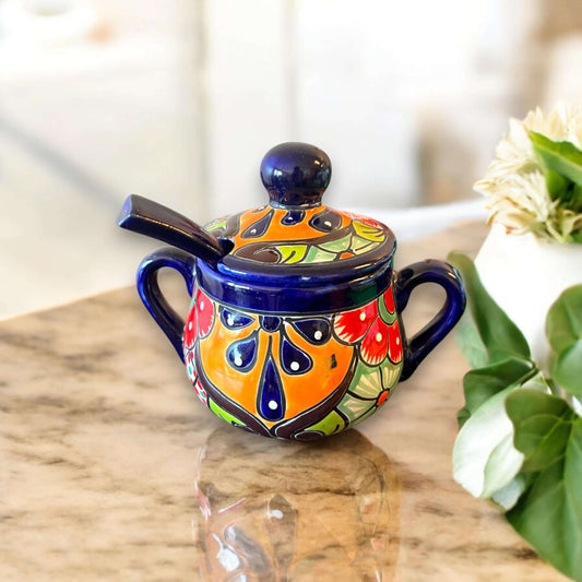 Handmade Talavera Sugar Jar with Spoon