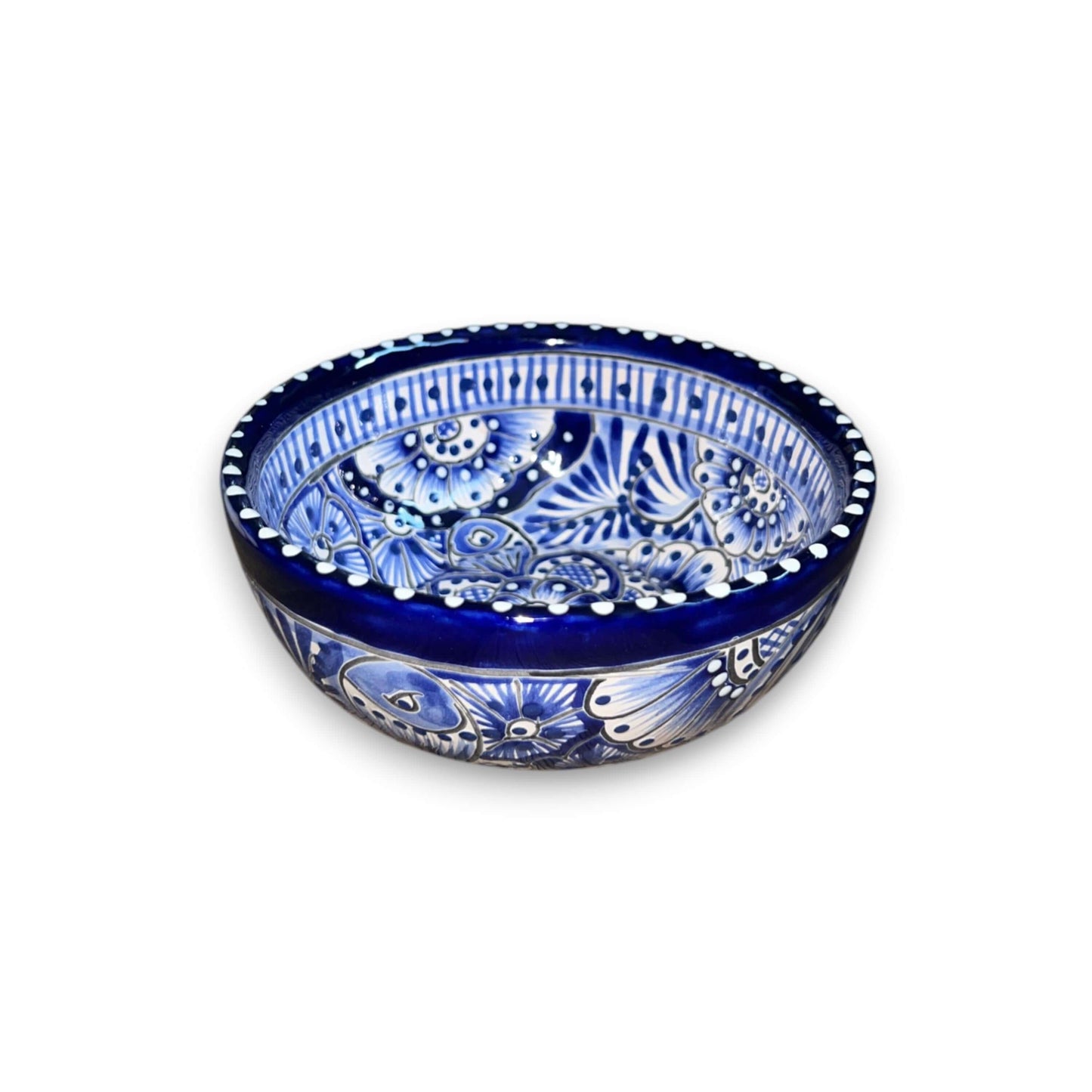 5-Piece Talavera Dinnerware Set | Blue & White Tableware for 1 - handcrafted blue and white Talavera serving bowl, hand-painted kiln-fired lead-free glaze