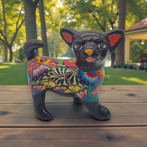 Talavera Chihuahua Dog Figurine | Handcrafted Mexican Art glossy brown hand-painted floral ceramic chihuahua figurine
