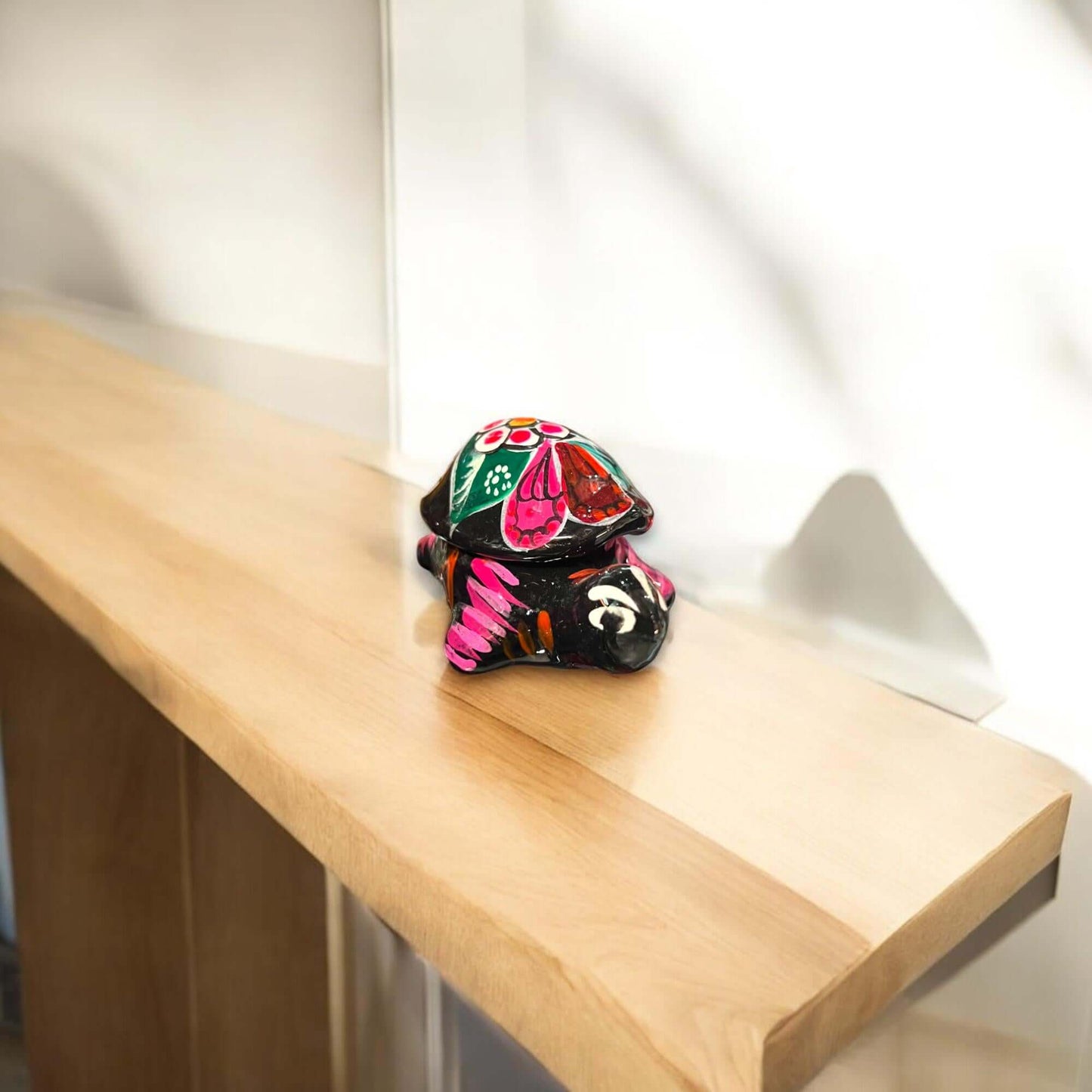 Guerrero Turtle Jewelry Box | Colorful Hand-Painted Ceramic Gift - vibrant hand-painted Guerrero turtle jewelry box on wooden shelf