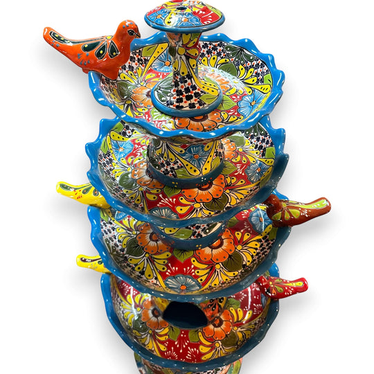 Grand Talavera Garden Fountain | Handcrafted Mexican Art – vibrant multicolor hand-painted Talavera tiered garden fountain with floral motifs and bird accents