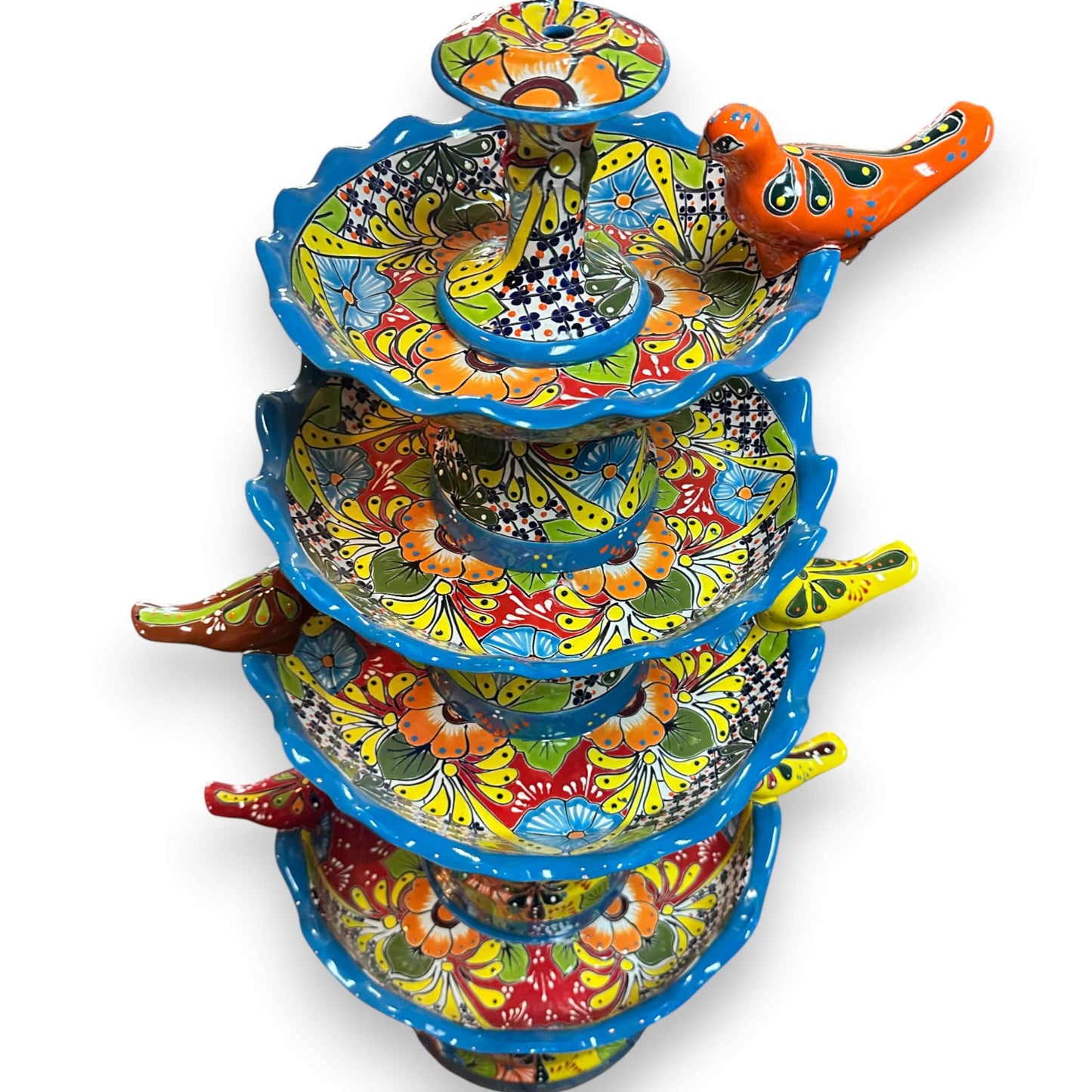 Grand Talavera Garden Fountain | Handcrafted Mexican Art - vibrant hand-painted multicolor Talavera tiered patio fountain with floral and geometric motifs