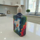Sunflower Talavera Soap Pump | Handcrafted Ceramic Dispenser hand-painted sunflower motif on blue background, kiln-fired lead-free glazed ceramic soap dispenser