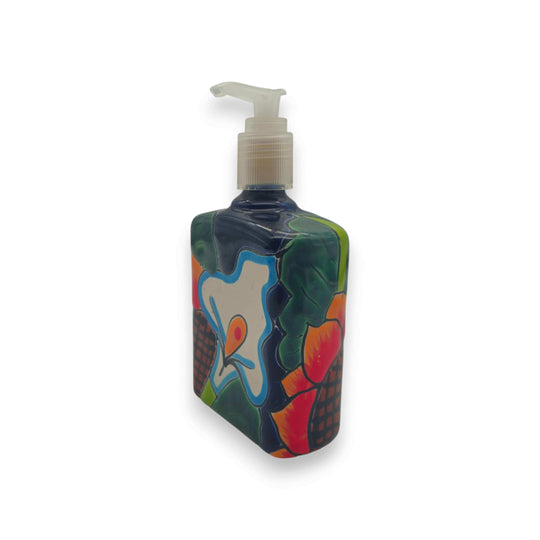 Sunflower Talavera Soap Pump | Handcrafted Ceramic Dispenser hand-painted blue ceramic soap pump with bold orange sunflower motif