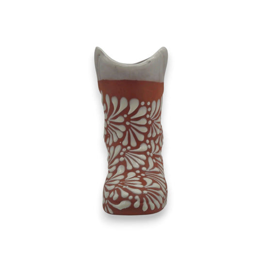 Talavera Boot Planter | Hand-Painted Mexican Pottery Accent - brown boot-shaped hand-painted Talavera planter with white floral pattern