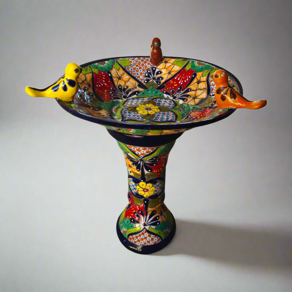 Talavera Bird Bath with Blue Rim | Colorful Mexican Garden Decor - hand-painted kiln-fired bird bath with blue rim and three bright ceramic birds