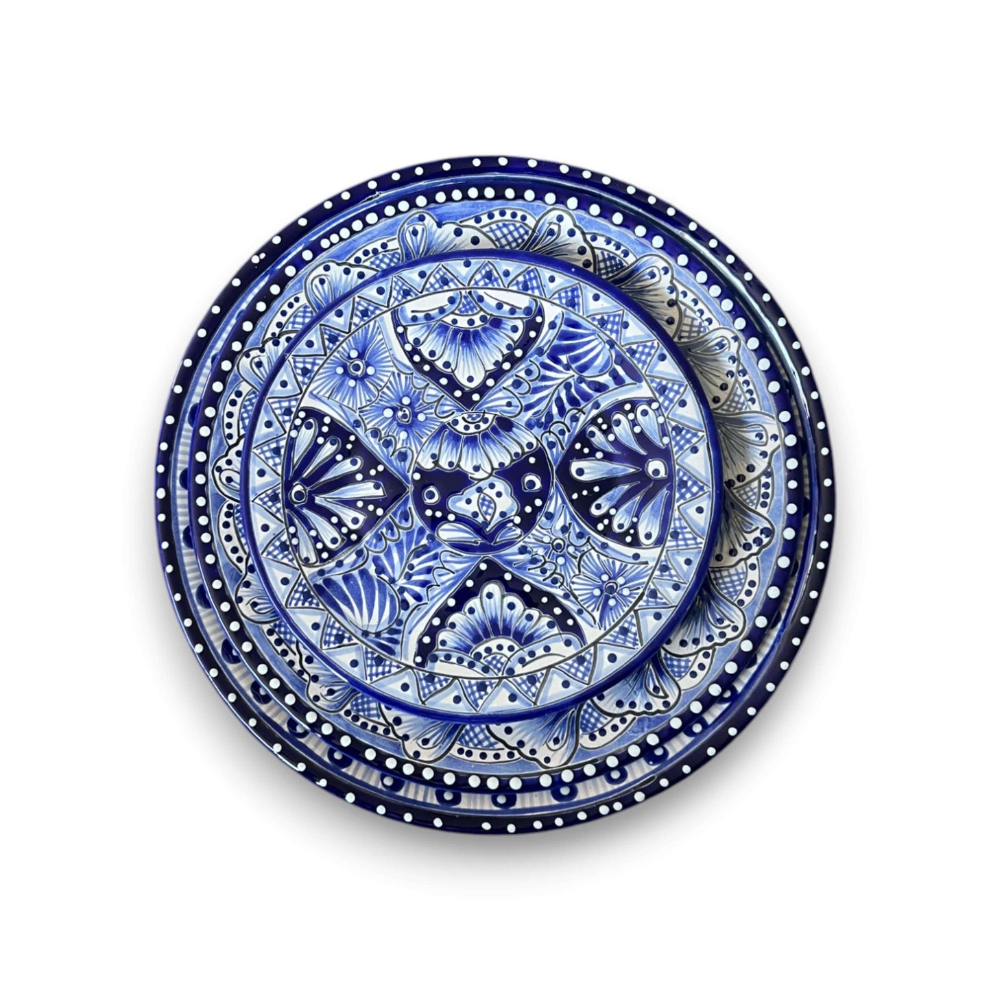 Talavera Dinnerware Set | 20-Piece Blue & White Tableware for 4 - handcrafted blue and white Talavera plate stack from Guanajuato, hand-painted, lead-free glaze
