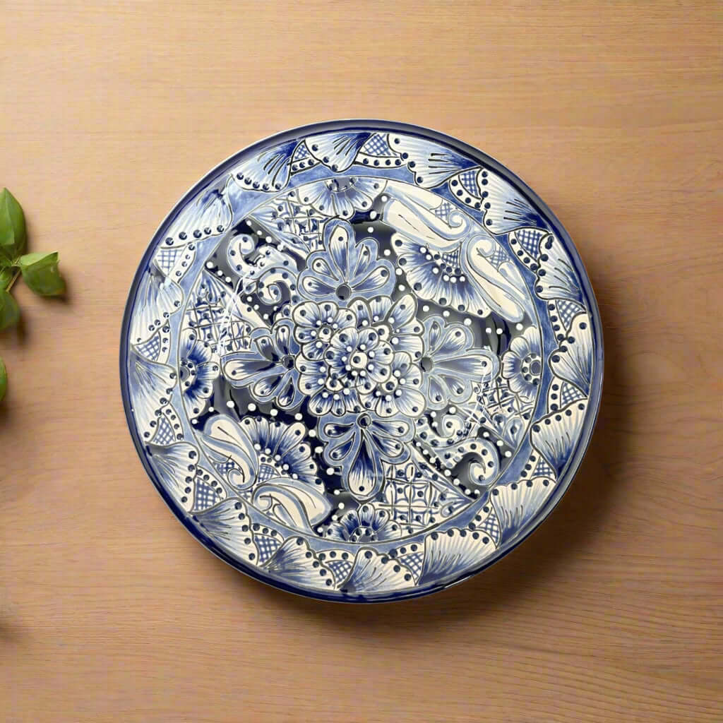 30-Piece Talavera Dinnerware Set | Blue & White Tableware for 6 - hand-painted blue and white Talavera plate with floral Mexican design