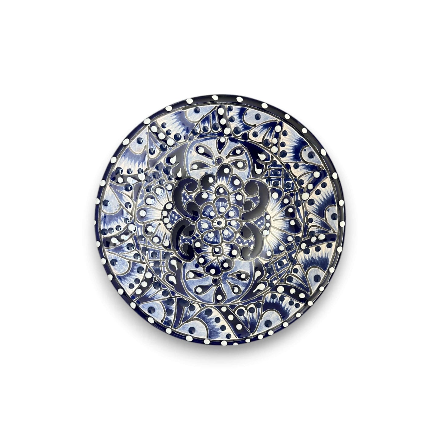 Talavera Dinnerware Set | 40-Piece Blue & White Tableware for 8 - hand-painted blue and white Talavera ceramic dinner plate with floral pattern