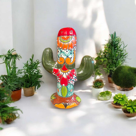 Colorful Talavera Cactus Sculpture | Mexican Ceramic Decor - hand-painted green cactus with multicolor floral motifs, lead-free glazed decorative piece