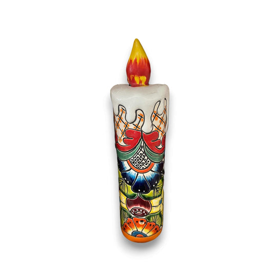 Talavera Candle Figurine | Hand-Painted Decorative Mexican Ceramic Art – hand-painted white ceramic flame-topped pillar with colorful Talavera floral patterns