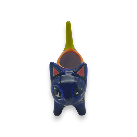 Vibrant Talavera Cat Planter | Handcrafted Mexican Pottery - hand-painted blue cat-shaped planter for succulents, colorful floral geometric motifs