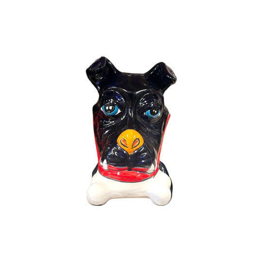 Handpainted Talavera Ceramic Large Laying Dog Decor with Bone - black hand-painted Talavera dog figurine on table