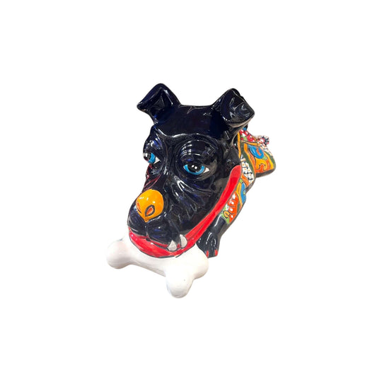 Handpainted Talavera Ceramic Large Laying Dog Decor with Bone - colorful Mexican ceramic dog figurine on wooden table