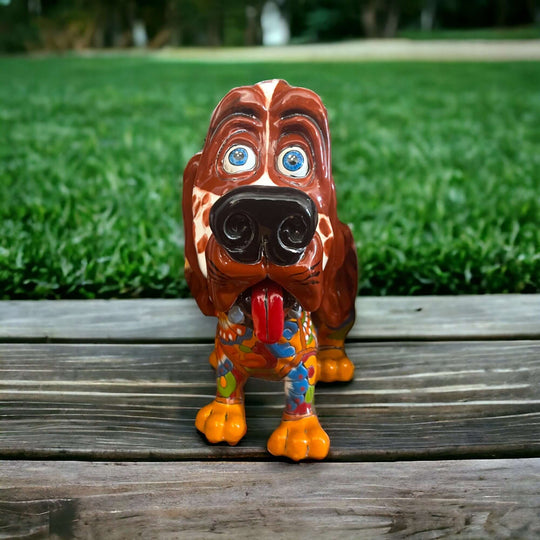 Talavera Cocker Spaniel Statue | Colorful Hand-Painted Mexican Dog Art - hand-painted Talavera dog with floppy ears on wooden deck