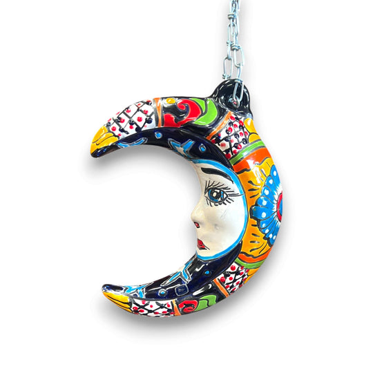 Talavera Crescent Moon Face | Hanging Mexican Wall Art - hand-painted colorful crescent moon with serene face, red blue yellow Talavera patterns, hanging wall decor