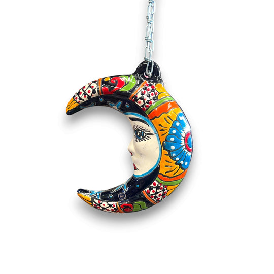 Talavera Crescent Moon Face | Hanging Mexican Wall Art — hand-painted Talavera crescent moon with serene face, bold reds and blues, hanging wall decor