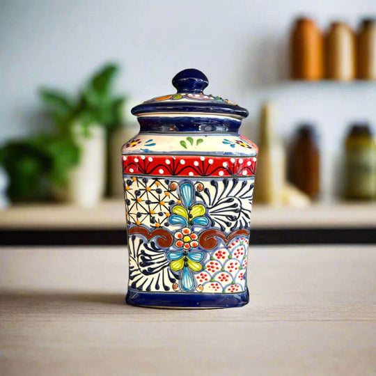 Talavera Canister Set | Dark Blue Mexican Kitchen Storage Jars hand-painted cobalt blue floral ceramic canister, lead-free glaze, 3-piece set style
