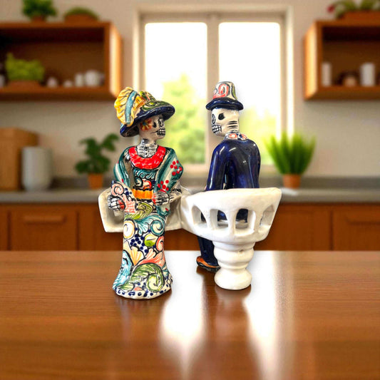 Talavera Day of the Dead Figurines | Mexican Chair Statues - hand-painted Talavera couple on chairs from Guanajuato, lead-free glaze, kitchen decor
