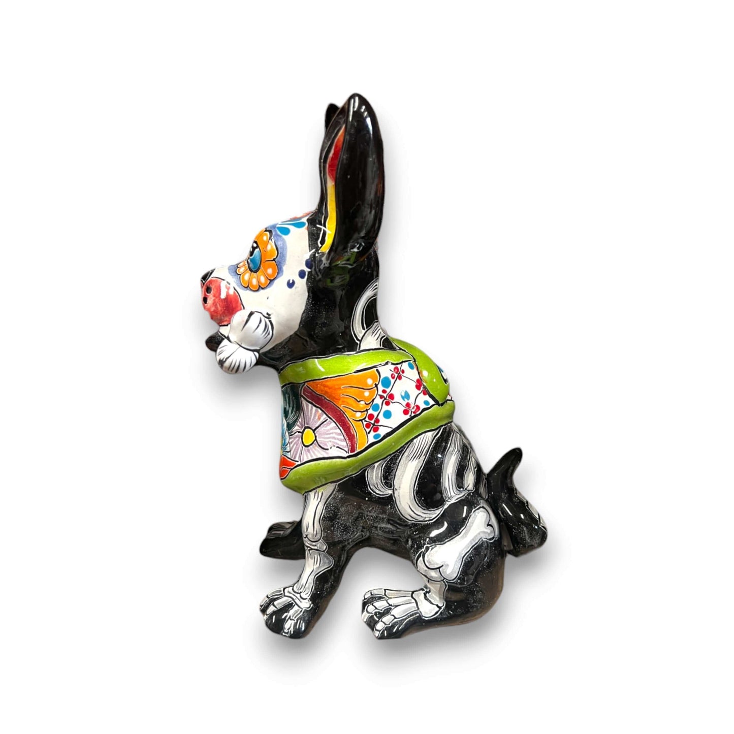 Talavera Chihuahua Holding Bone | Day of the Dead Dog Figurine handcrafted Talavera Chihuahua with floral Day of the Dead bone detail