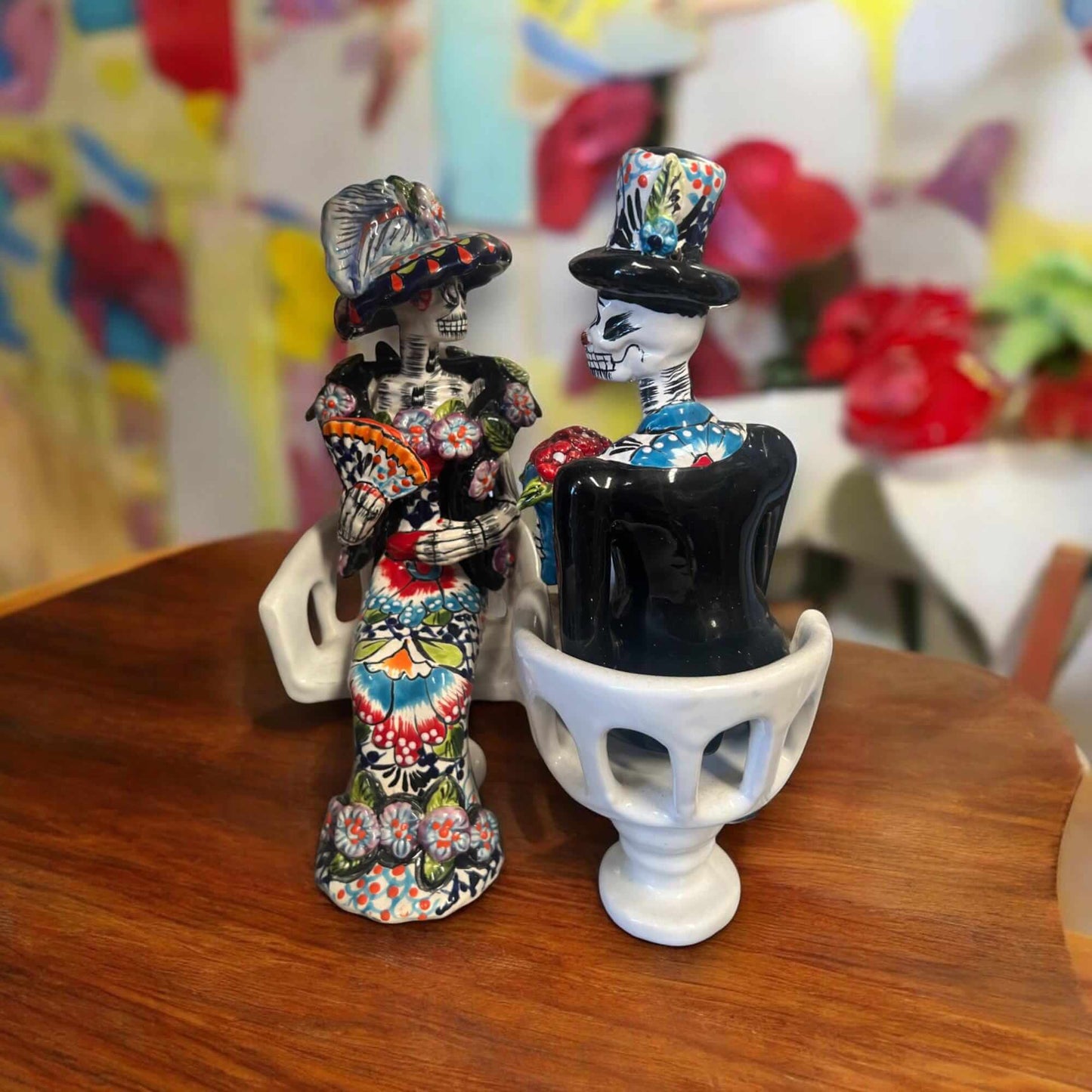 Talavera Day of the Dead Figurines | Mexican Chair Statues - Hand-painted Talavera skeleton couple in chairs, handcrafted in Guanajuato, Mexico