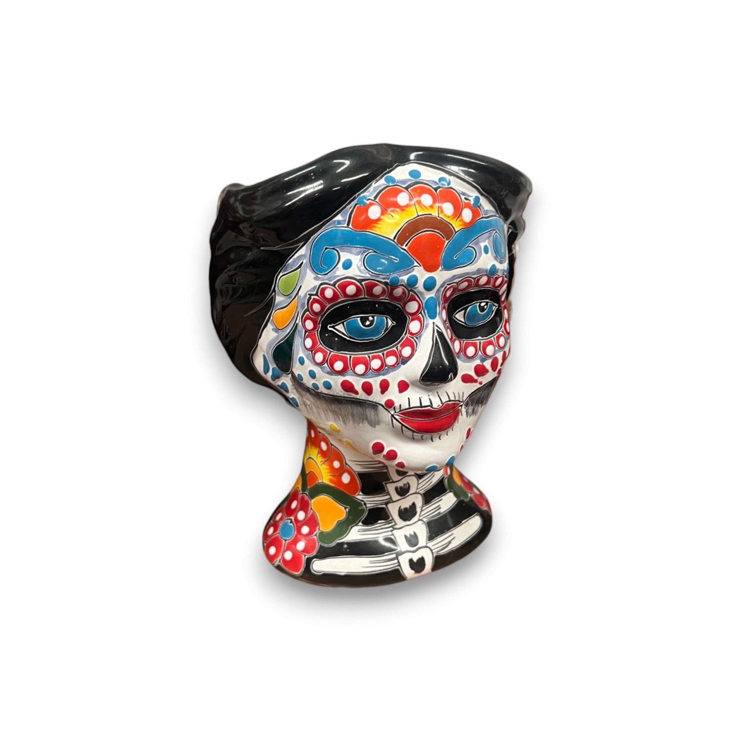 Talavera Skull Face Planter | Hand-Painted Day of the Dead Pottery - colorful hand-painted Mexican Día de los Muertos skull planter