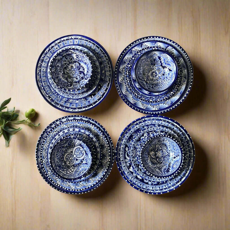 Talavera Dinnerware Set | 20-Piece Blue & White Tableware for 4 - handcrafted blue and white hand-painted plates and bowls arranged on wood