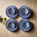 Talavera Dinnerware Set | 20-Piece Blue & White Tableware for 4 - handcrafted blue and white hand-painted plates and bowls arranged on wood