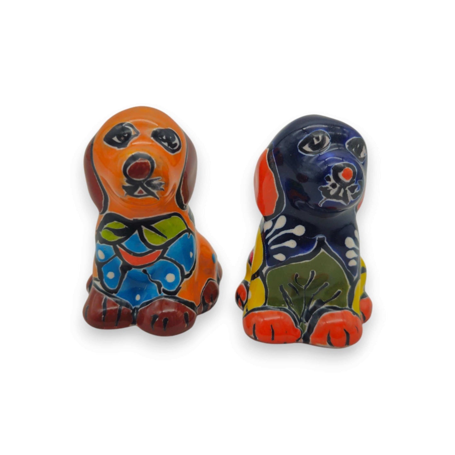 Colorful Talavera Dog Figurine Pair | Mexican Folk Art Decor - handpainted ceramic two-dog set with blue, orange floral and geometric patterns