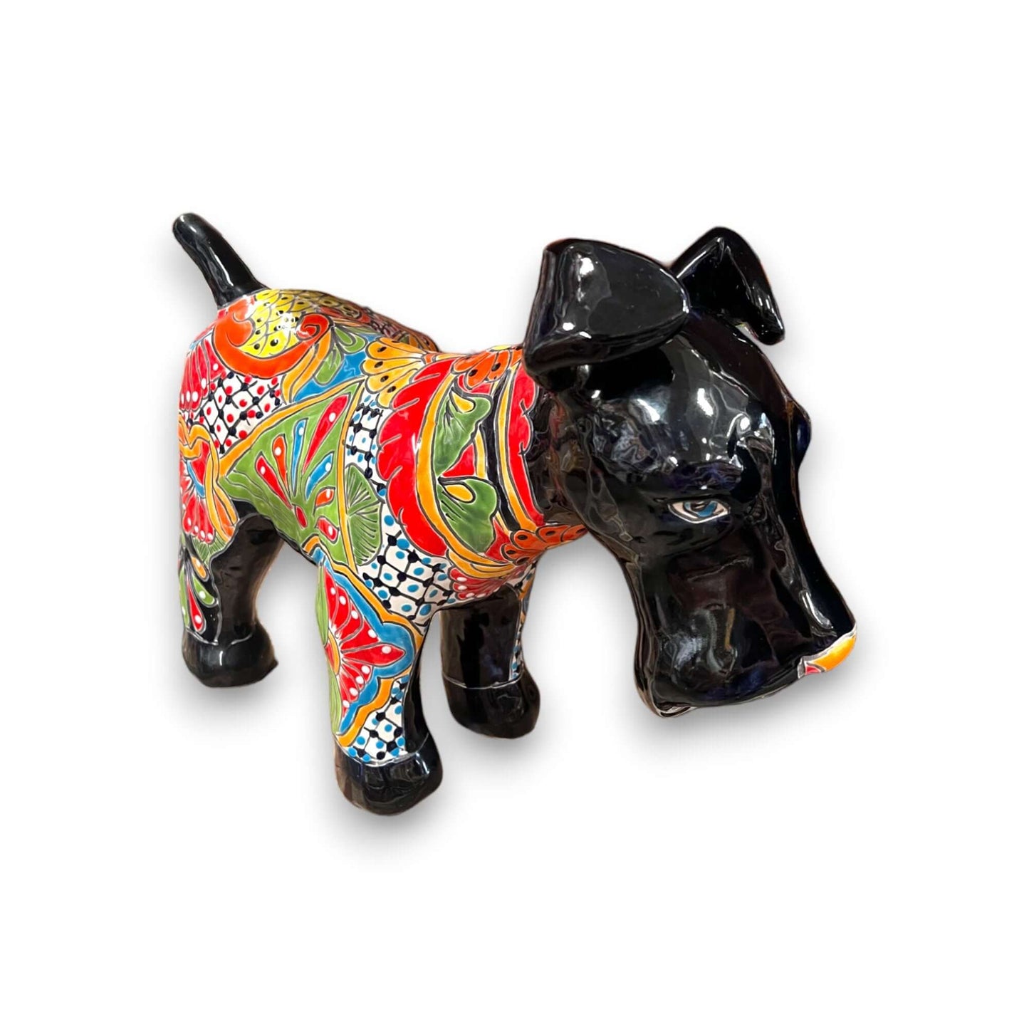 Vibrant Talavera Dog Sculpture | Colorful Hand-Painted Large Mexican Art Piece - hand-painted black and multicolor Talavera ceramic dog