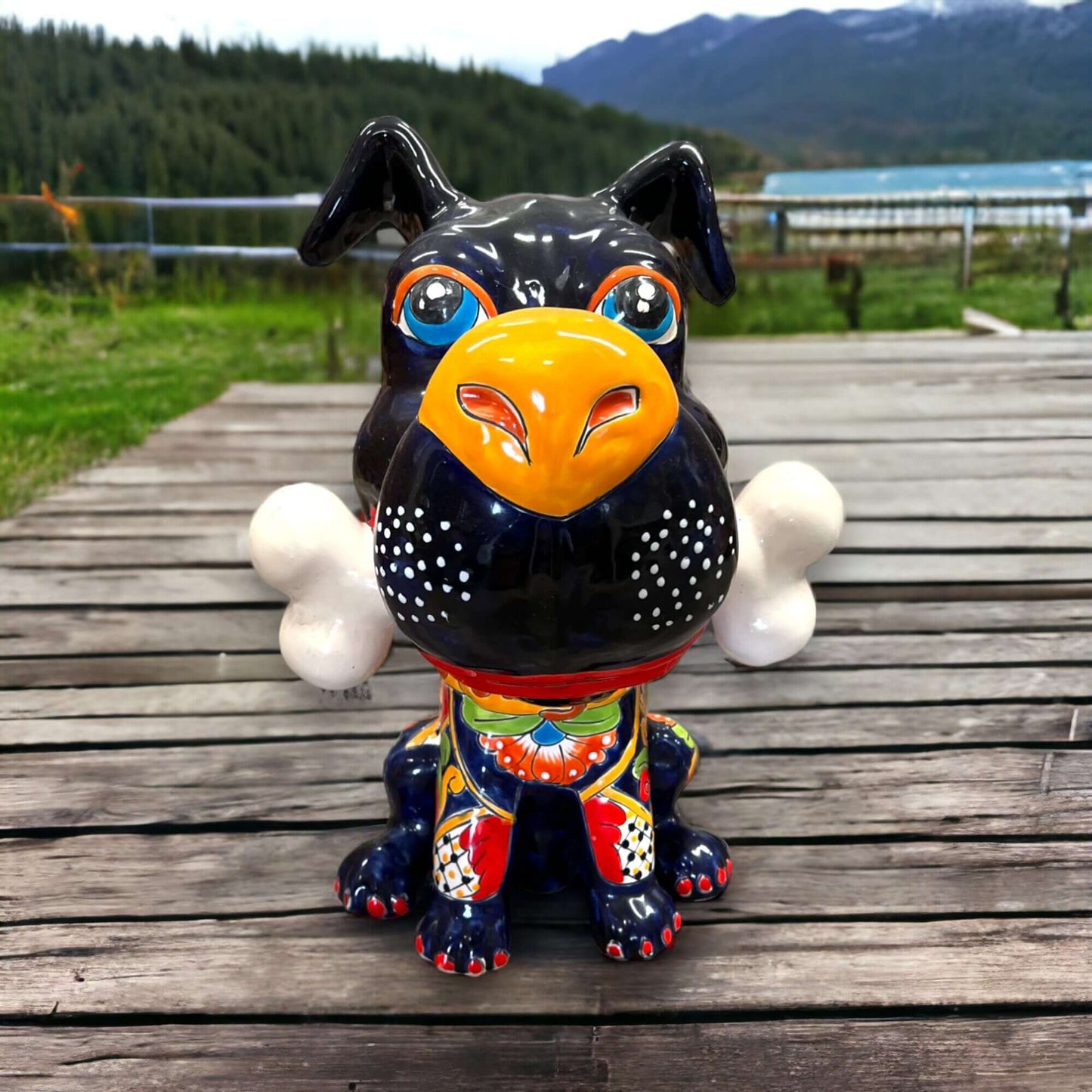 Talavera Dog with Bone | Handpainted Ceramic Canine Decor (Extra Large) - handpainted black Talavera dog holding bone, bright floral Mexican glaze