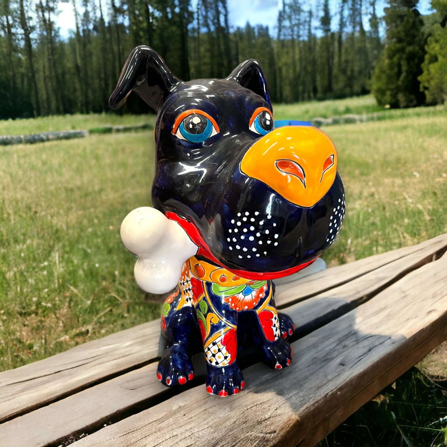 Talavera Dog with Bone | Handpainted Ceramic Canine Decor (Extra Large) - handpainted Guanajuato Talavera dog holding bone, vibrant floral patterns, lead-free glaze