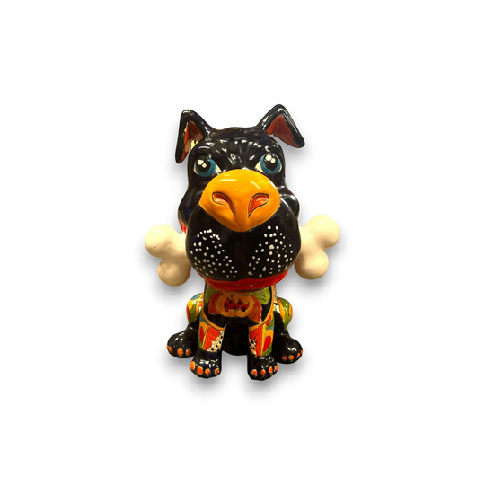 Talavera Dog with Bone | Handpainted Ceramic Canine Decor (Extra Large) - handpainted black Talavera dog holding bone, vibrant floral patterns, Guanajuato artisan piece