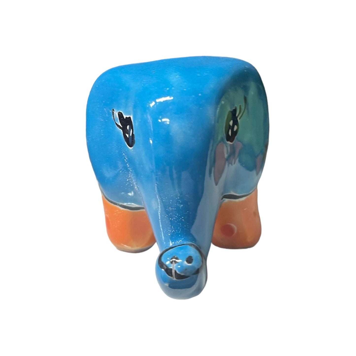 Talavera Elephant Planter | Colorful Hand-Painted Ceramic Animal Pot - blue hand-painted Talavera elephant planter with floral eyes, lead-free glazed ceramic