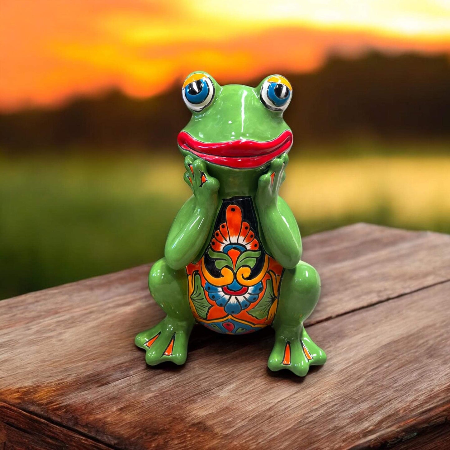 Talavera Frog Statue | Colorful Hand-Painted Mexican Decor - bright green hand-painted ceramic frog with floral belly, expressive eyes and joyful grin
