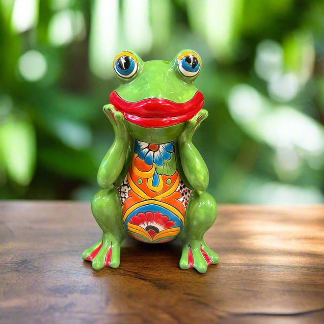 Hand-Painted Talavera Frog Statue | Colorful Mexican Decor