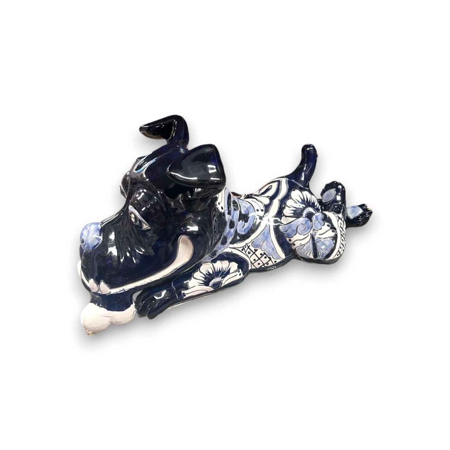 Handpainted Talavera Ceramic Large Laying Dog Decor with Bone — blue floral Mexican artisan ceramic dog sculpture