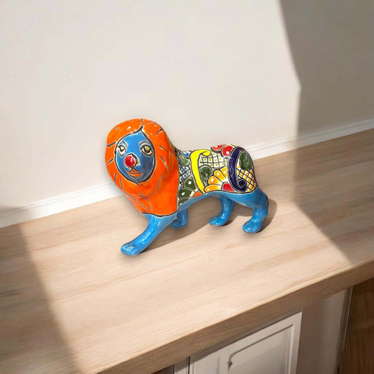 Talavera Lion Statue | Hand-Painted Colorful Mexican Art - hand-painted Talavera lion sculpture from Guanajuato, vibrant kiln-fired lead-free glaze