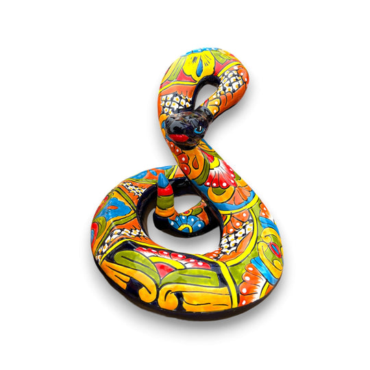 Talavera Snake Statue | Multicolor Handcrafted Mexican Rattlesnake — hand-painted coiled Talavera rattlesnake with cobalt blue head