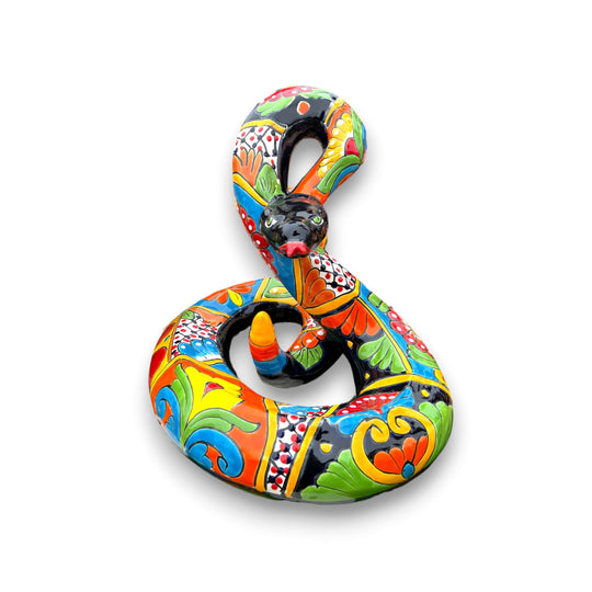 Talavera Snake Statue | Multicolor Handcrafted Mexican Rattlesnake - hand-painted coiled Talavera rattlesnake with cobalt blue head and vibrant floral patterns