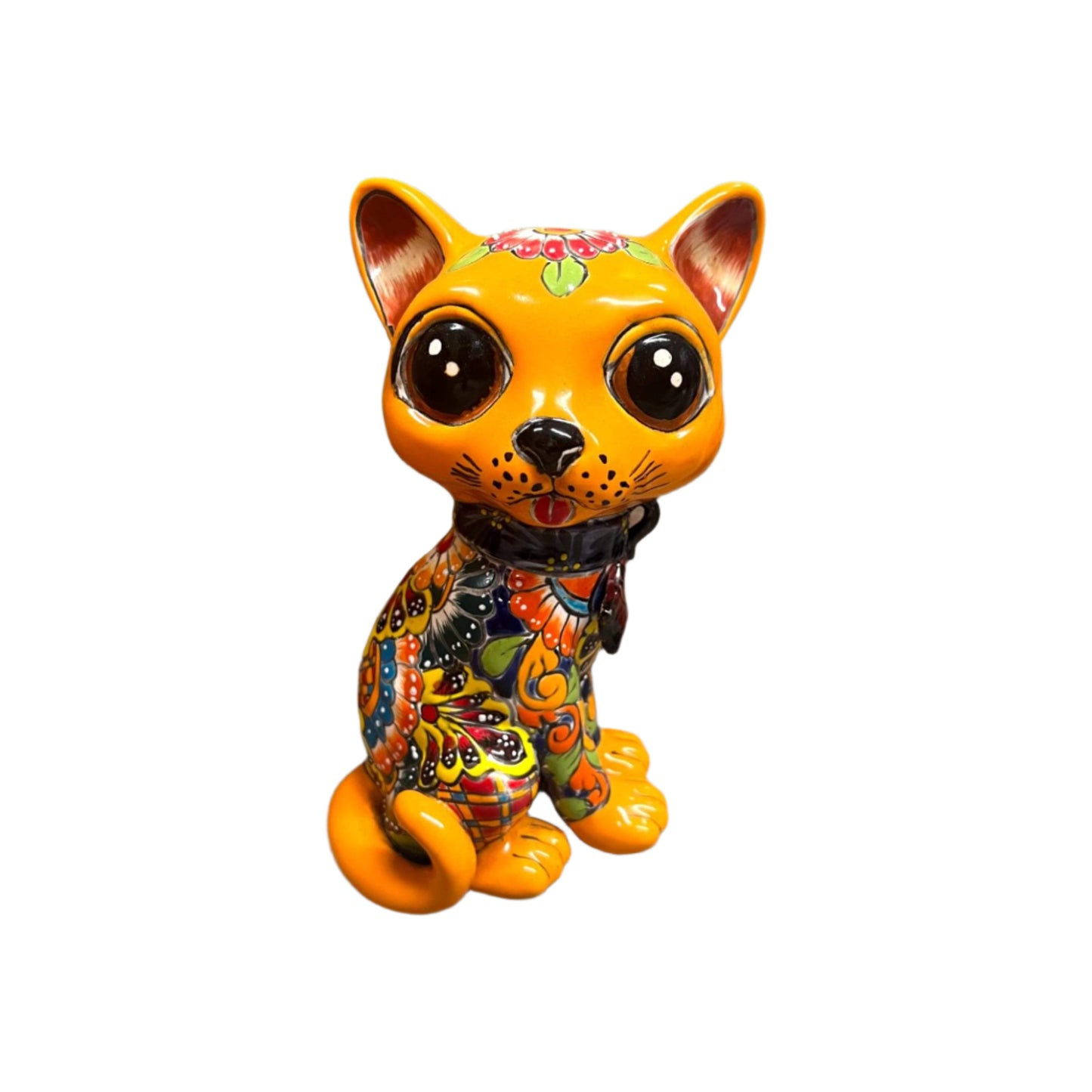 Talavera Cat Statue | Hand-Painted Mexican Folk Art Figurine - bright orange hand-painted Talavera cat with oversized eyes and floral patterns