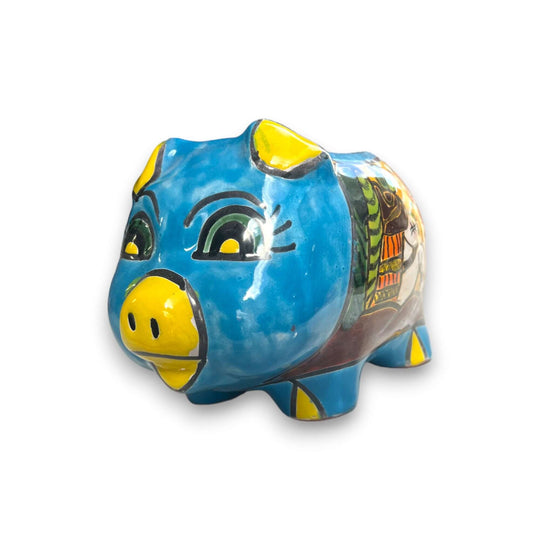 Talavera Pig Planter | Colorful Hand-Painted Mexican Flower Pot - blue and yellow hand-painted ceramic pig planter with multicolor Talavera patterns