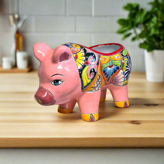 Talavera Pig Planter | Colorful Hand-Painted Mexican Pottery - hand-painted pink ceramic pig planter with vibrant Talavera floral patterns
