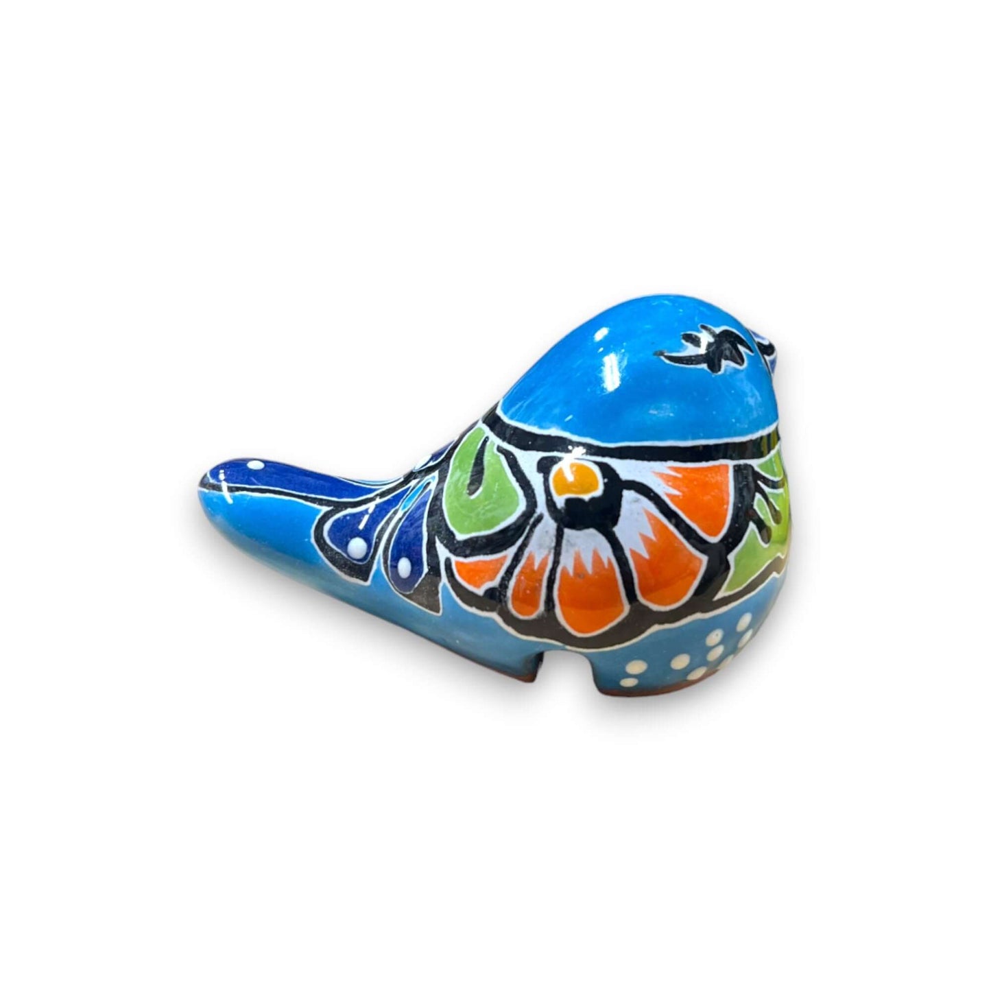 Talavera Pot Perching Bird | Handpainted Mexican Accent - small blue handpainted ceramic bird with vibrant floral motifs for pots