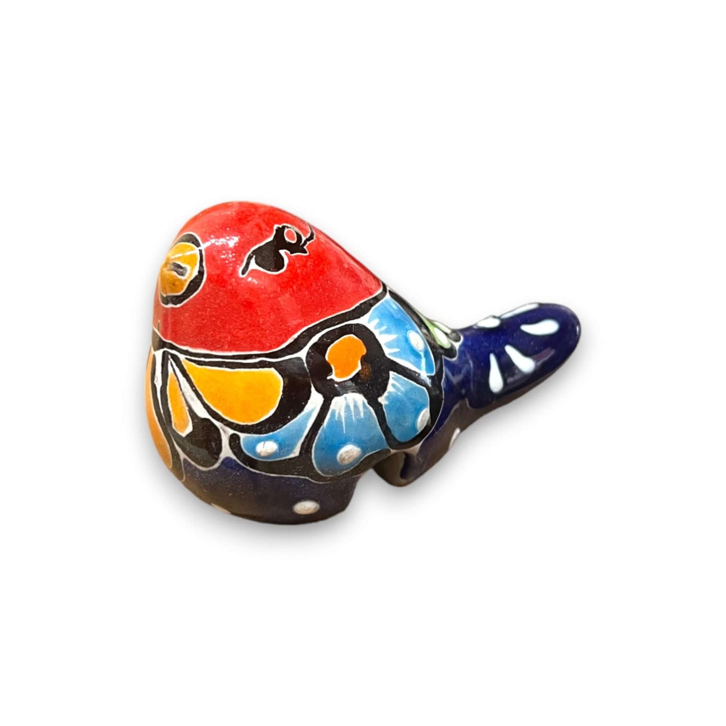 Talavera Pot Perching Bird | Handpainted Mexican Accent - colorful handpainted ceramic bird with blue red yellow floral motifs for pots