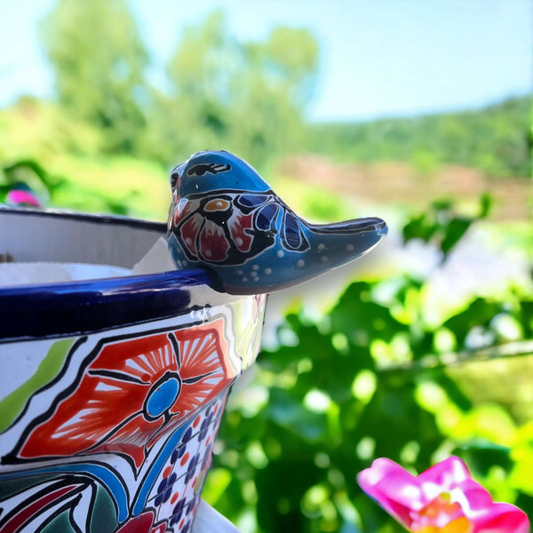 Talavera Pot Perching Bird | Handpainted Mexican Accent perched on colorful hand-painted Talavera planter with floral motifs