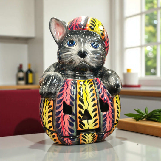 Talavera Pumpkin Animal Statue | Whimsical Fall Decor - hand-painted Mexican ceramic pumpkin with cozy animal character, blue eyes, orange and green accents
