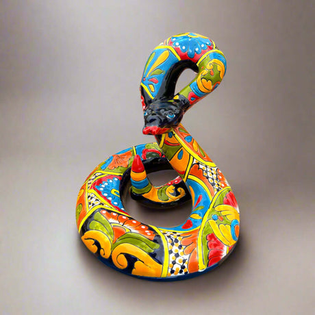 Talavera Snake Statue | Multicolor Handcrafted Mexican Rattlesnake - hand-painted cobalt blue head, coiled Talavera ceramic rattlesnake